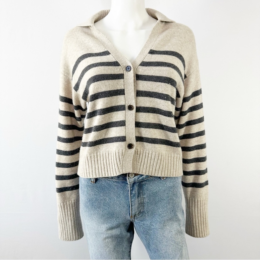 Harper Lane Tan & Black Striped Cardigan Sweater Size S Casual Classic Preppy